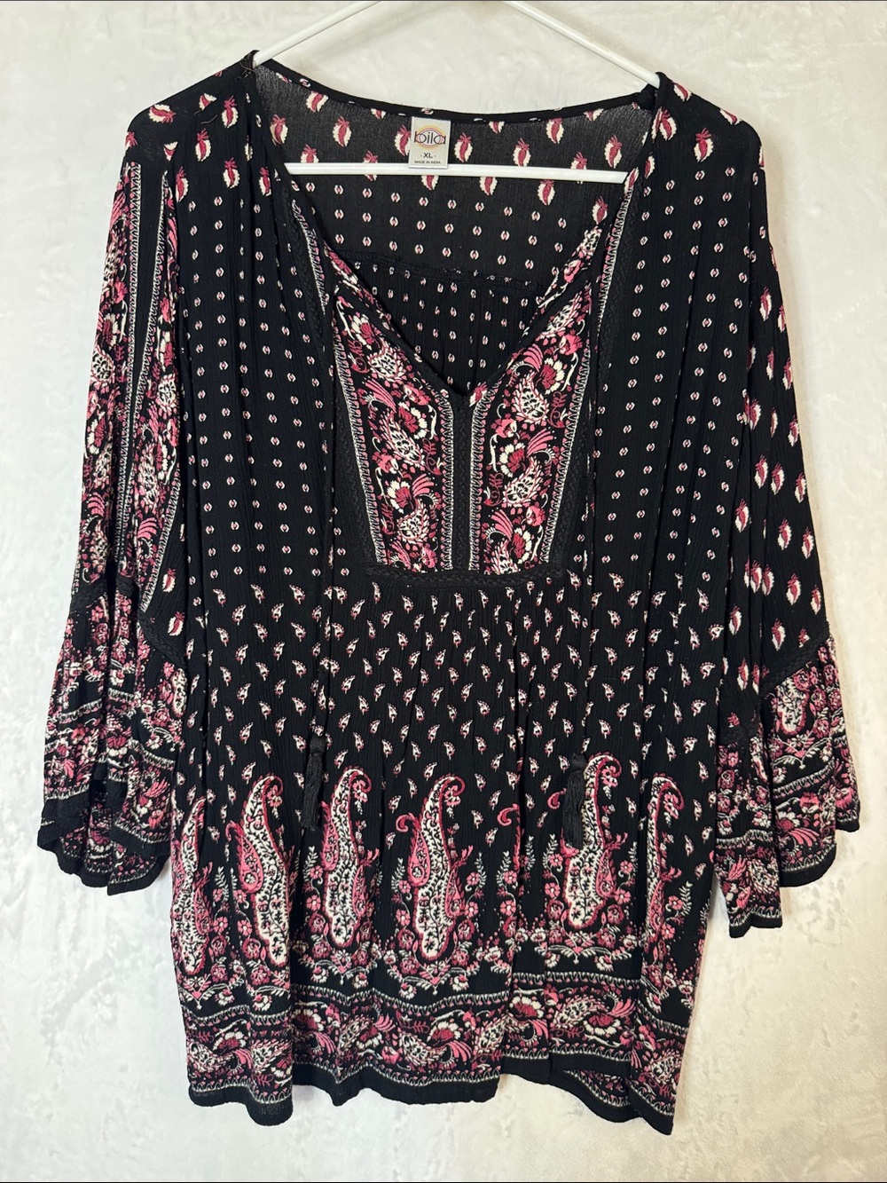 Bila Black and Pink Paisley V-Neck Tunic Top XL